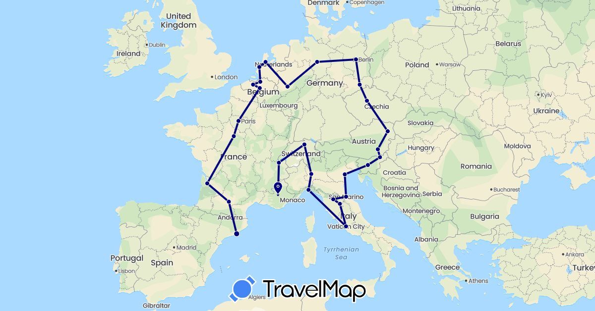 TravelMap itinerary: driving in Austria, Belgium, Switzerland, Czech Republic, Germany, Spain, France, Italy, Netherlands, Slovenia, San Marino, Vatican City (Europe)